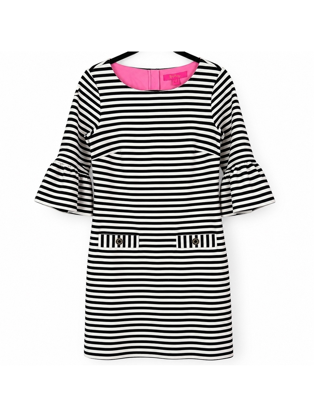 Lilly Pulitzer Alden Dress Black White Holiday Ottoman Stripe 3/4 Bell Sleeve P
